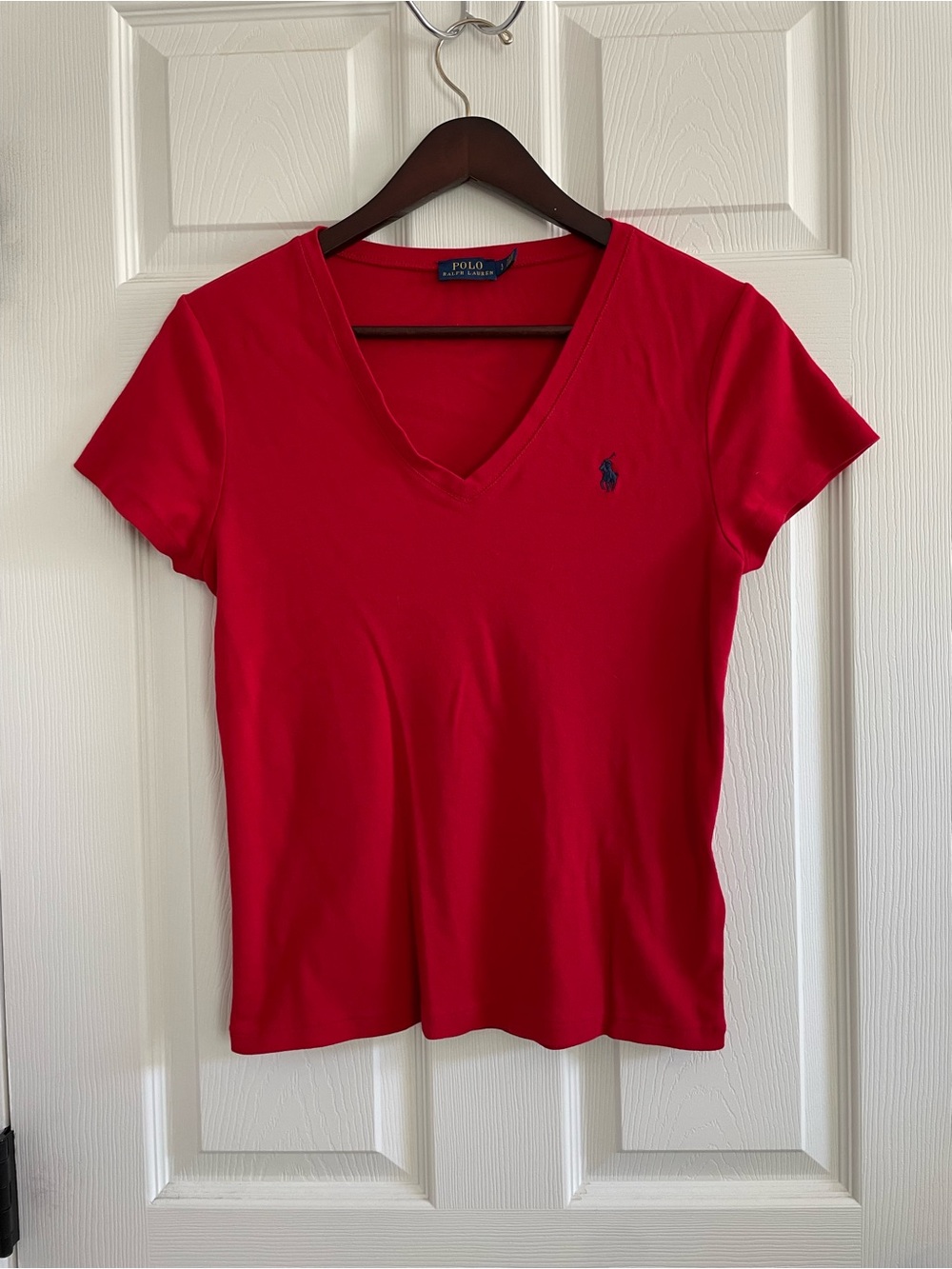 Polo Ralph Lauren Red V-Neck T-Shirt Navy Pony Logo Size L